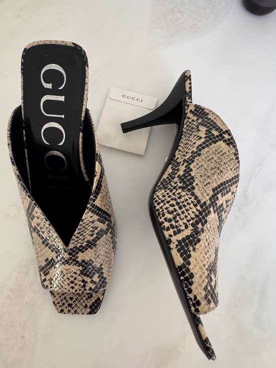 Gucci Beige and Black Snake-Print Square-Toe Mules